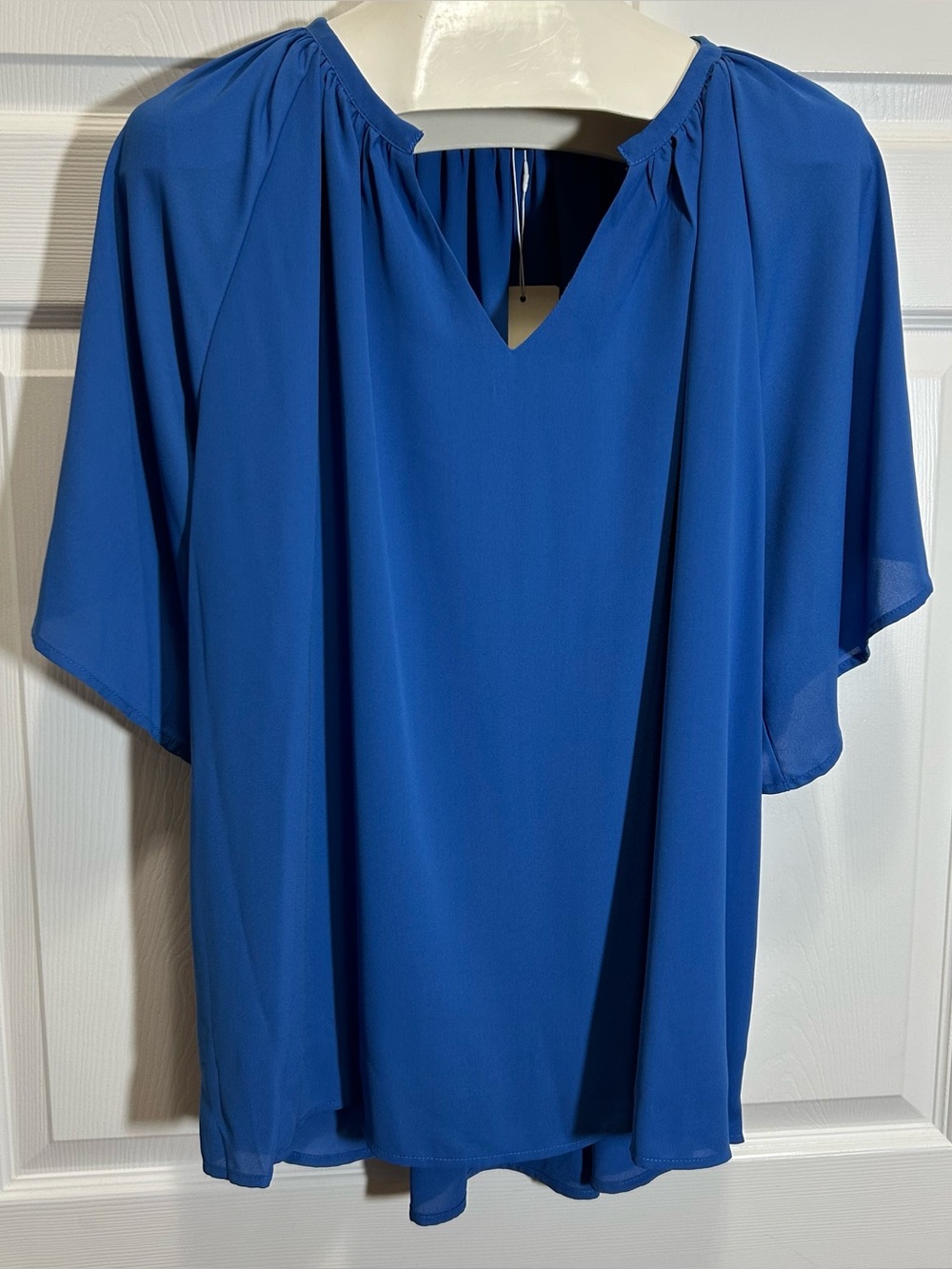 Relaxed Split Neck Short-Sleeve Blue Blouse